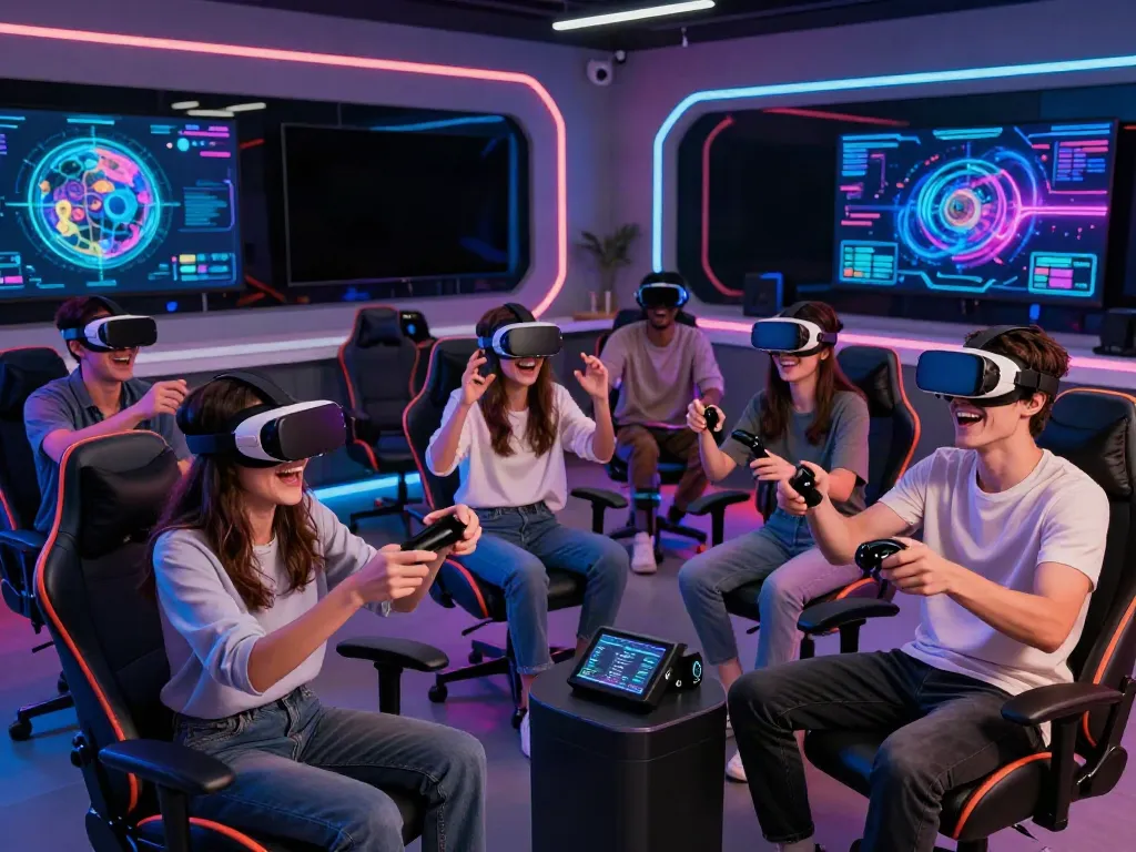 Engaged group exploring 18+ ai virtual reality experience with vibrant lighting