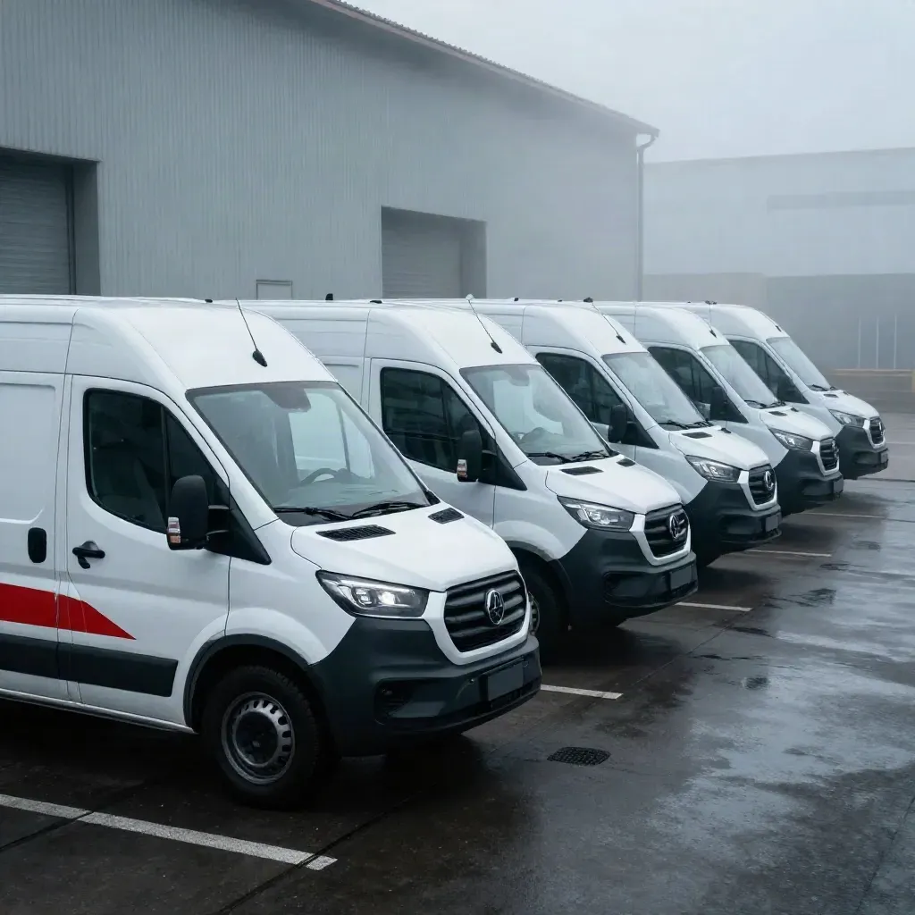 Sechs Werbe-Lieferwagen in Reihe auf einer stillen Industriestraße im Morgennebel.