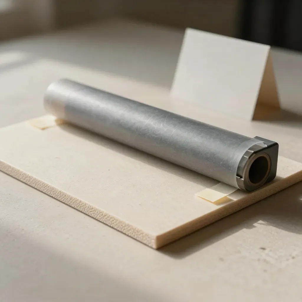 Feinschliff-Materialien mit Proofboard, Korrekturstreifen und Filmrolle auf hellem Putz