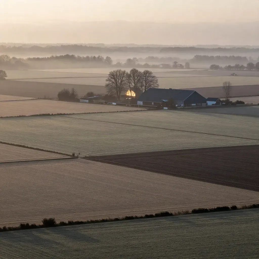 Morgennebel über Feldern und Hof im Kreis Viersen, weite Landschaft mit ruhiger Fläche.